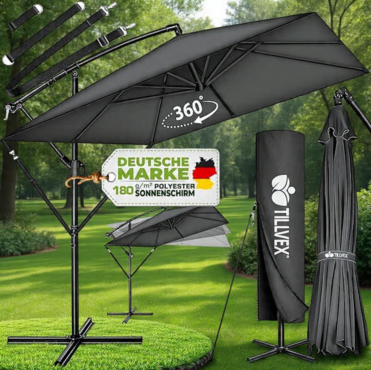 ampelschirm rechthoekig 330 cm xl, 360° draaibaar & kantelbaar (90