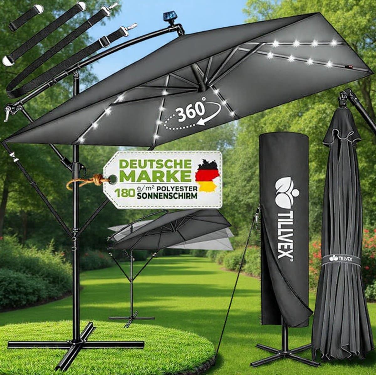 ampelschirm rechthoekig 330 cm xl, 360° draaibaar & kantelbaar (90