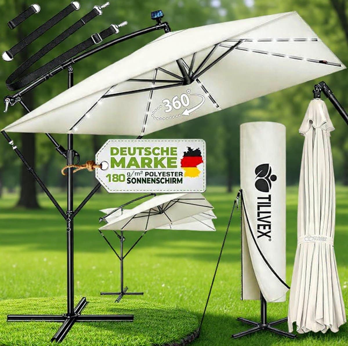 ampelschirm rechthoekig 330 cm xl, 360° draaibaar & kantelbaar (90