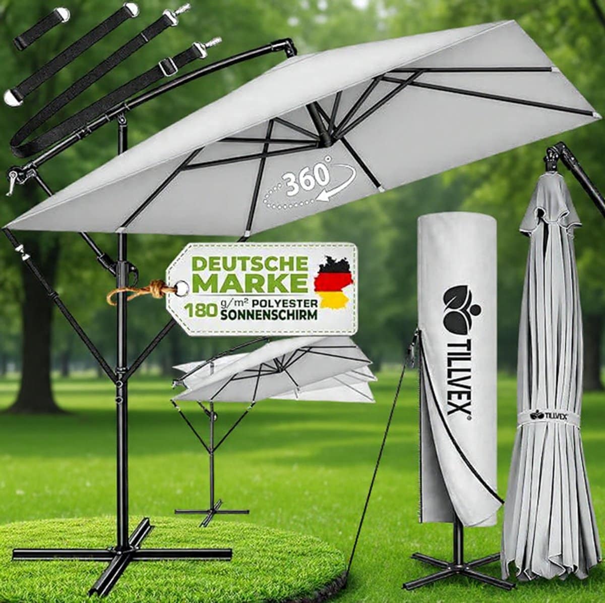 ampelschirm rechthoekig 330 cm xl, 360° draaibaar & kantelbaar (90