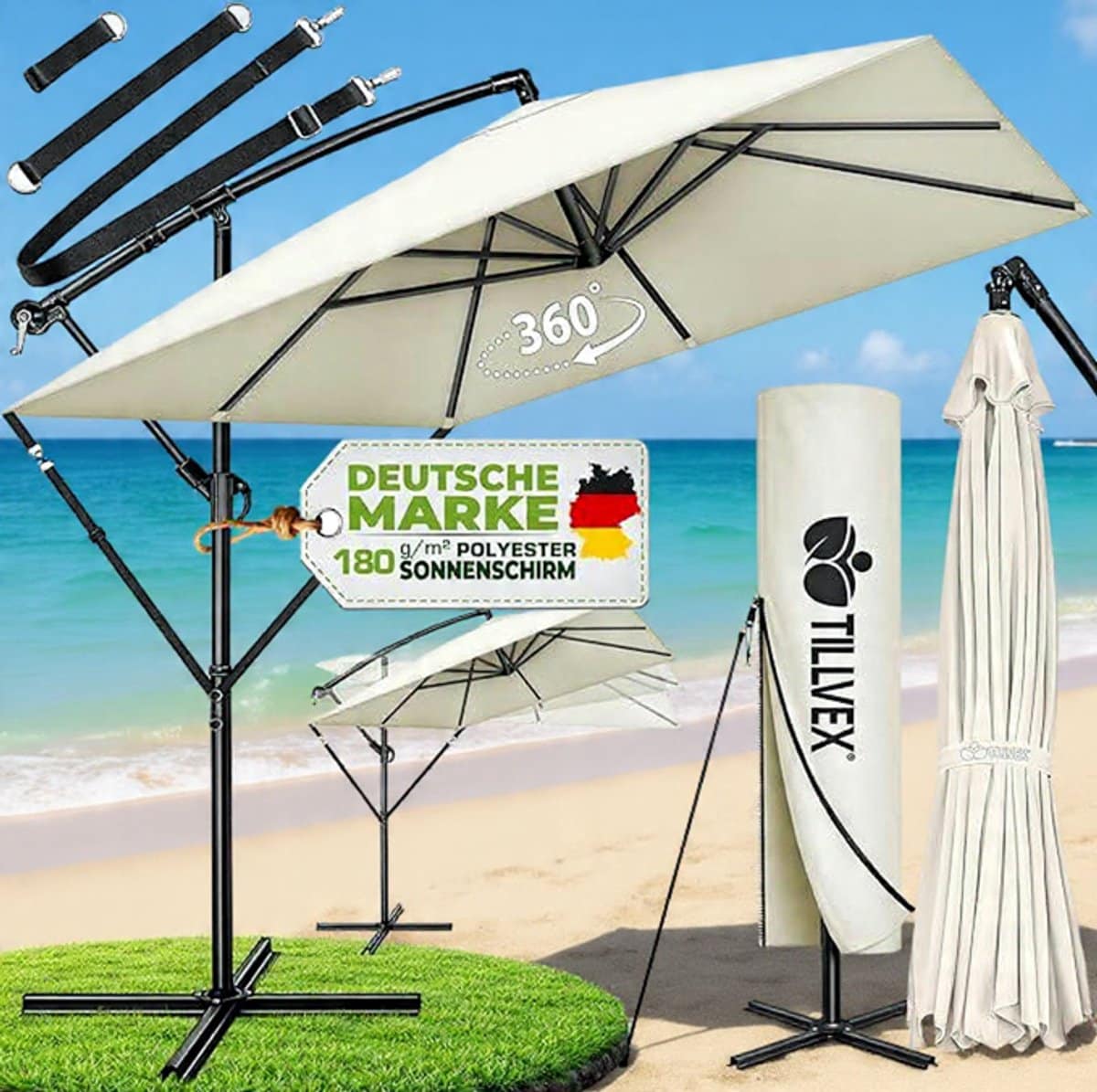 ampelschirm rechthoekig 330 cm xl, 360° draaibaar & kantelbaar (90