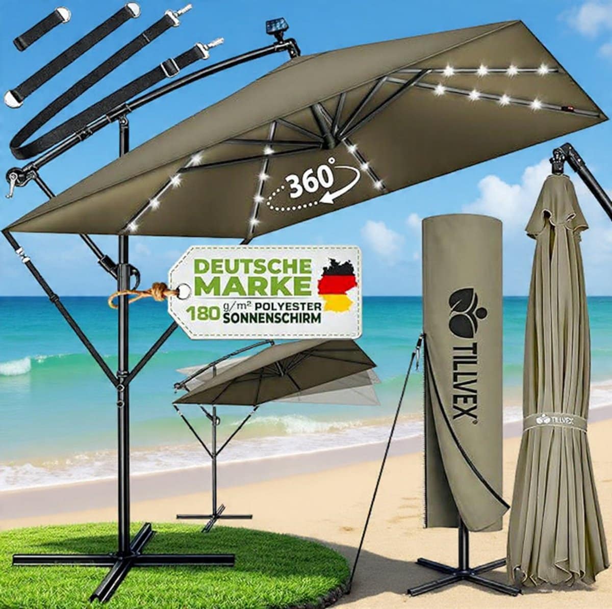 ampelschirm rechthoekig 330 cm xl, 360° draaibaar & kantelbaar (90