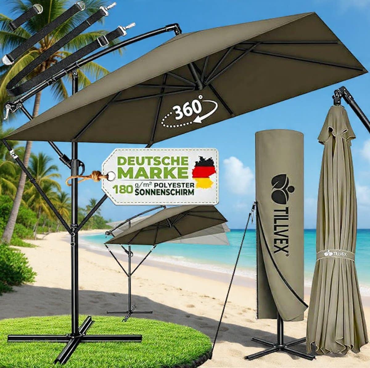 ampelschirm rechthoekig 330 cm xl, 360° draaibaar & kantelbaar (90