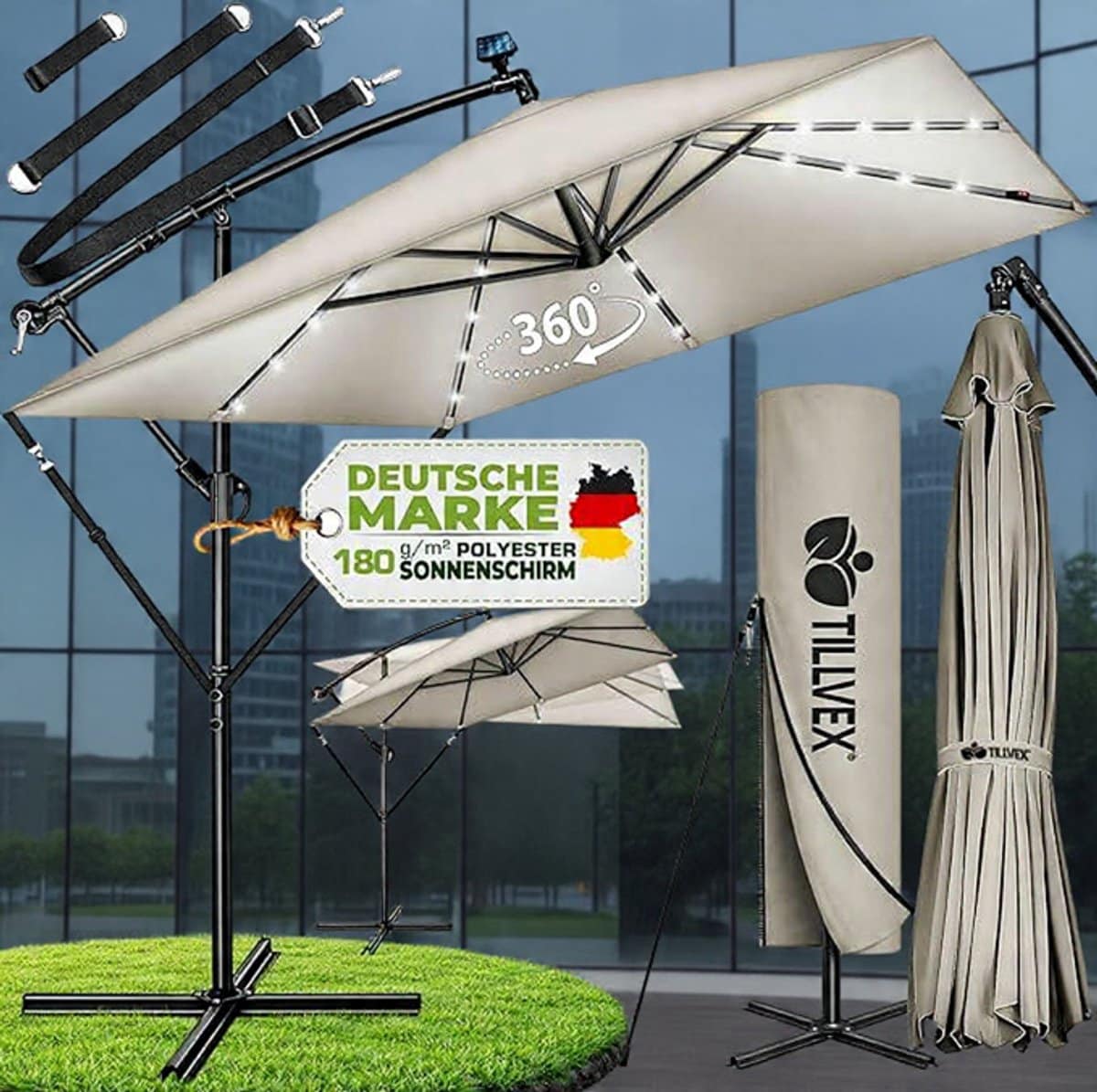 ampelschirm rechthoekig 330 cm xl, 360° draaibaar & kantelbaar (90