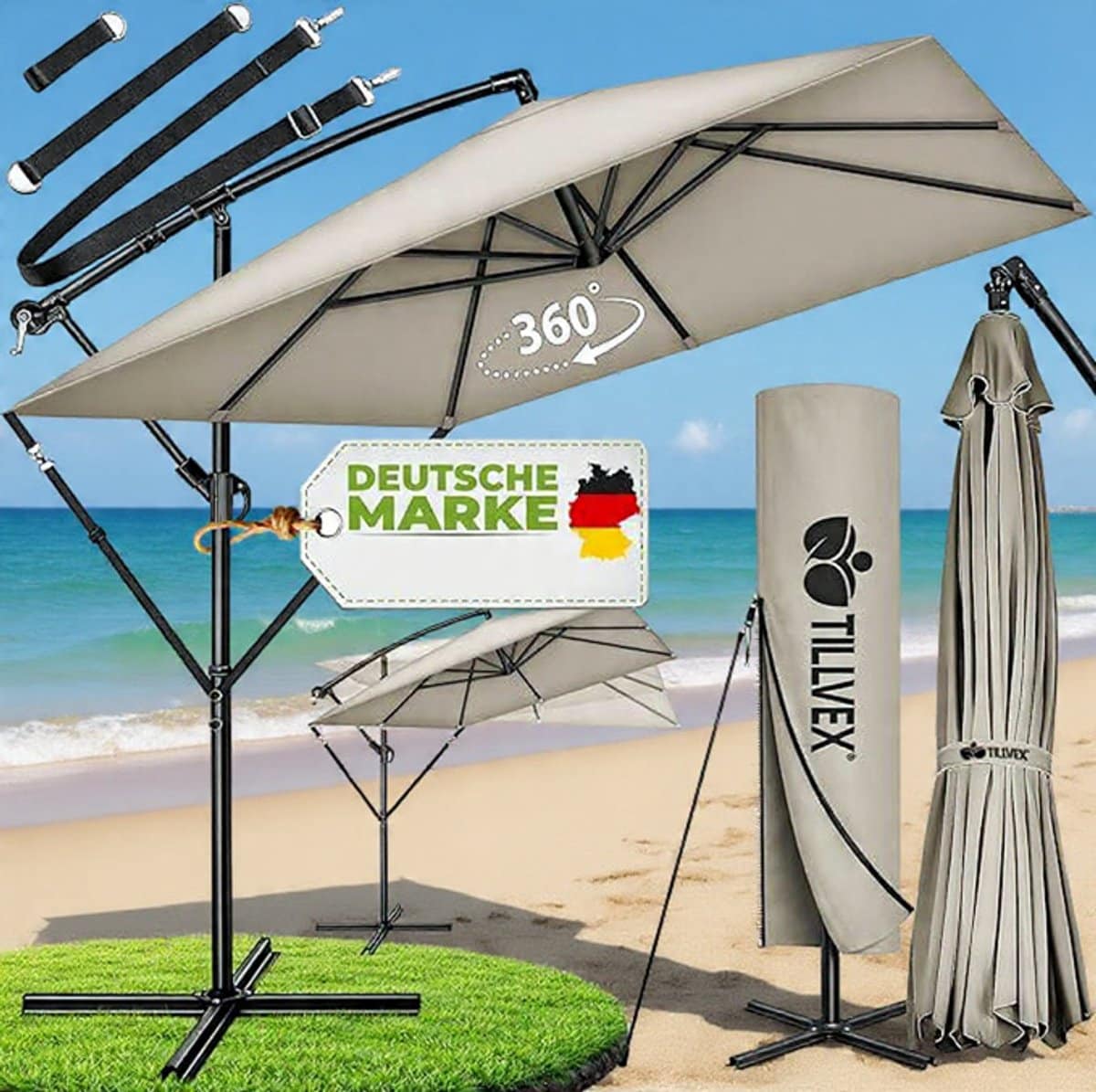 ampelschirm rechthoekig 330 cm xl, 360° draaibaar & kantelbaar (90