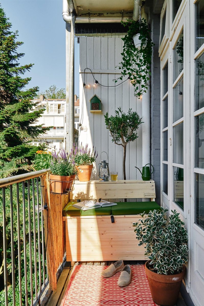 balkonset 3in1: bank | tafel | opbergruimte. hout, medium 95cm.