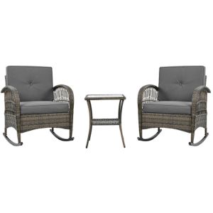 Balkonset van rotan (3-delig), blad van acacia met grijze kussens