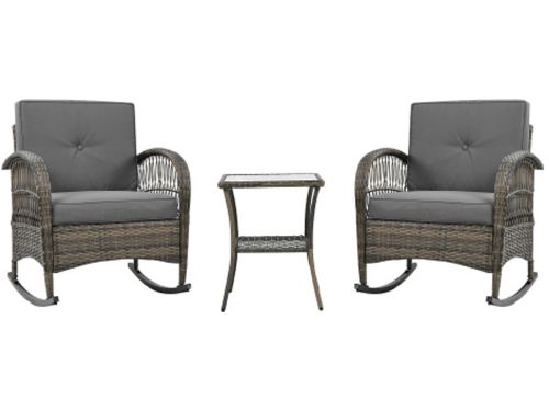 Balkonset van rotan (3-delig), blad van acacia met grijze kussens