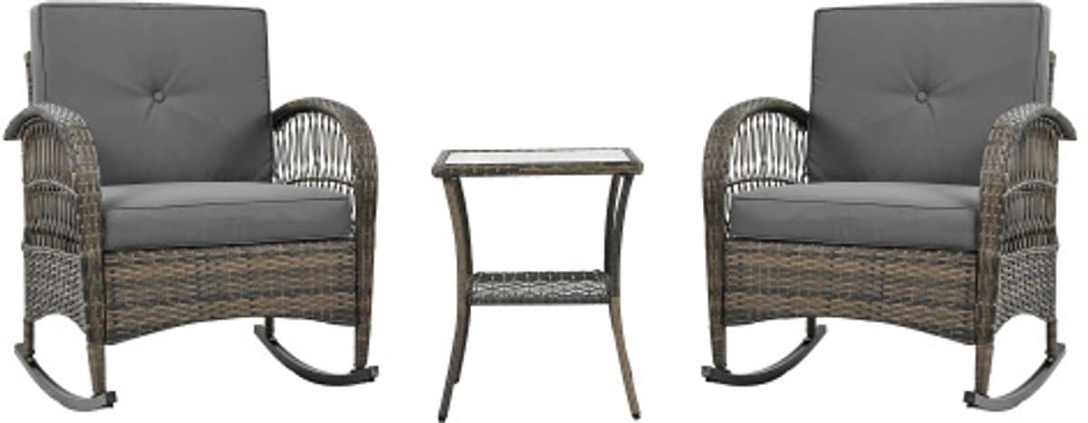 balkonset van rotan (3 delig), blad van acacia met grijze kussens