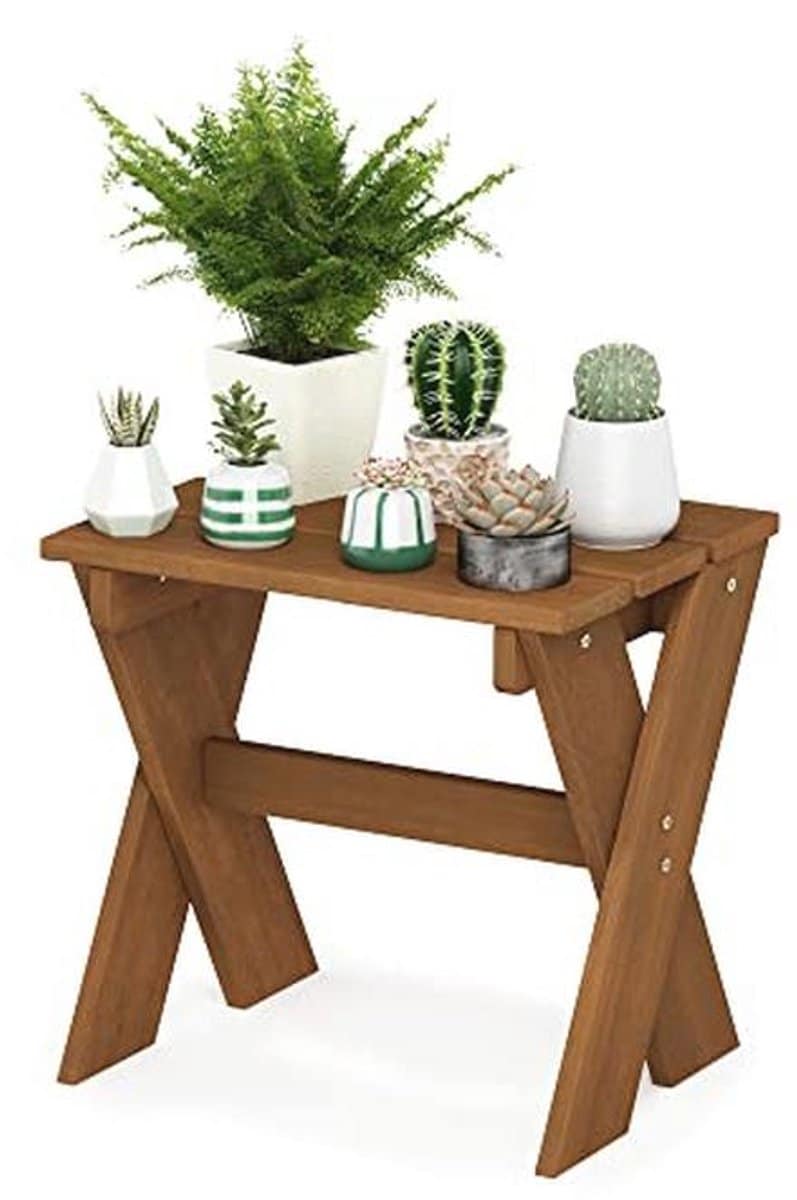 bijzettafel en bloemstandaard van meranti hout natuurlijke look voor