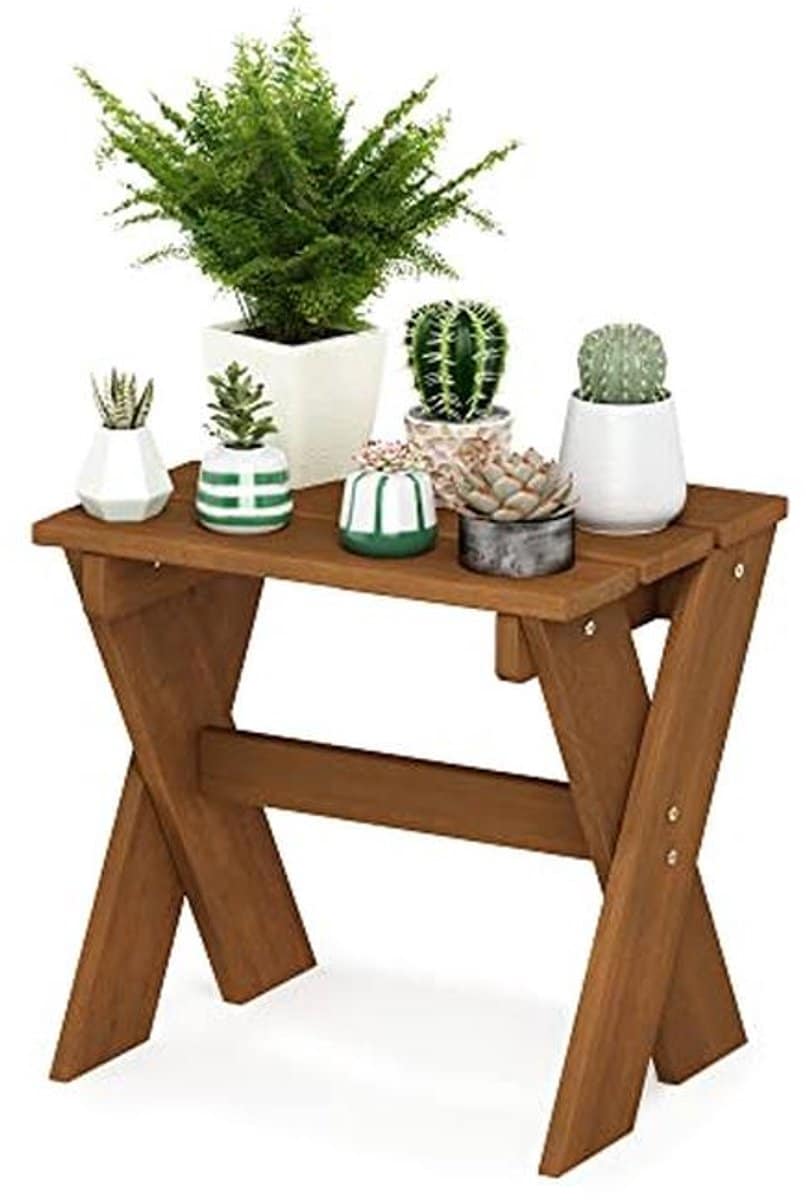 bijzettafel en bloemstandaard van meranti hout natuurlijke look voor