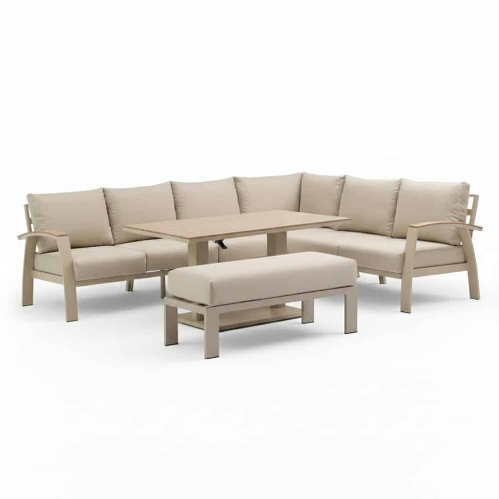 bordeaux dining loungeset incl. bank 8 personen | aluminium + polywood | beige | 5 delig 290x225cm