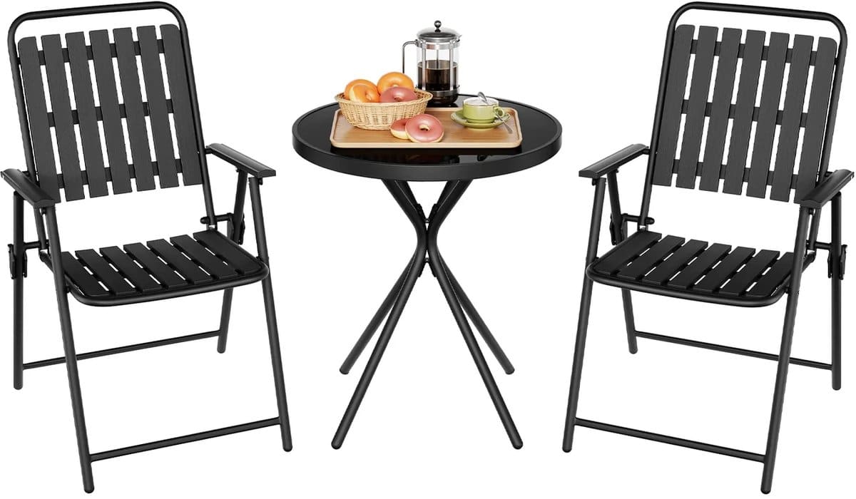 bukkitbow luxe 3 delige bistroset met glazen tafel en klapstoelen