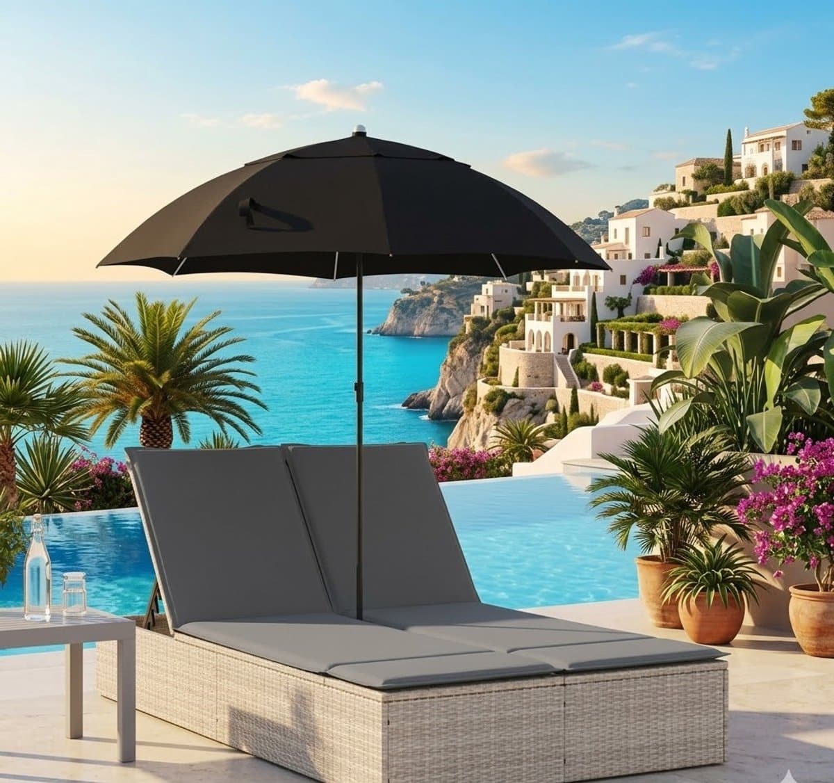 comfort duo ligbed 2 persoons met kussens en parasol