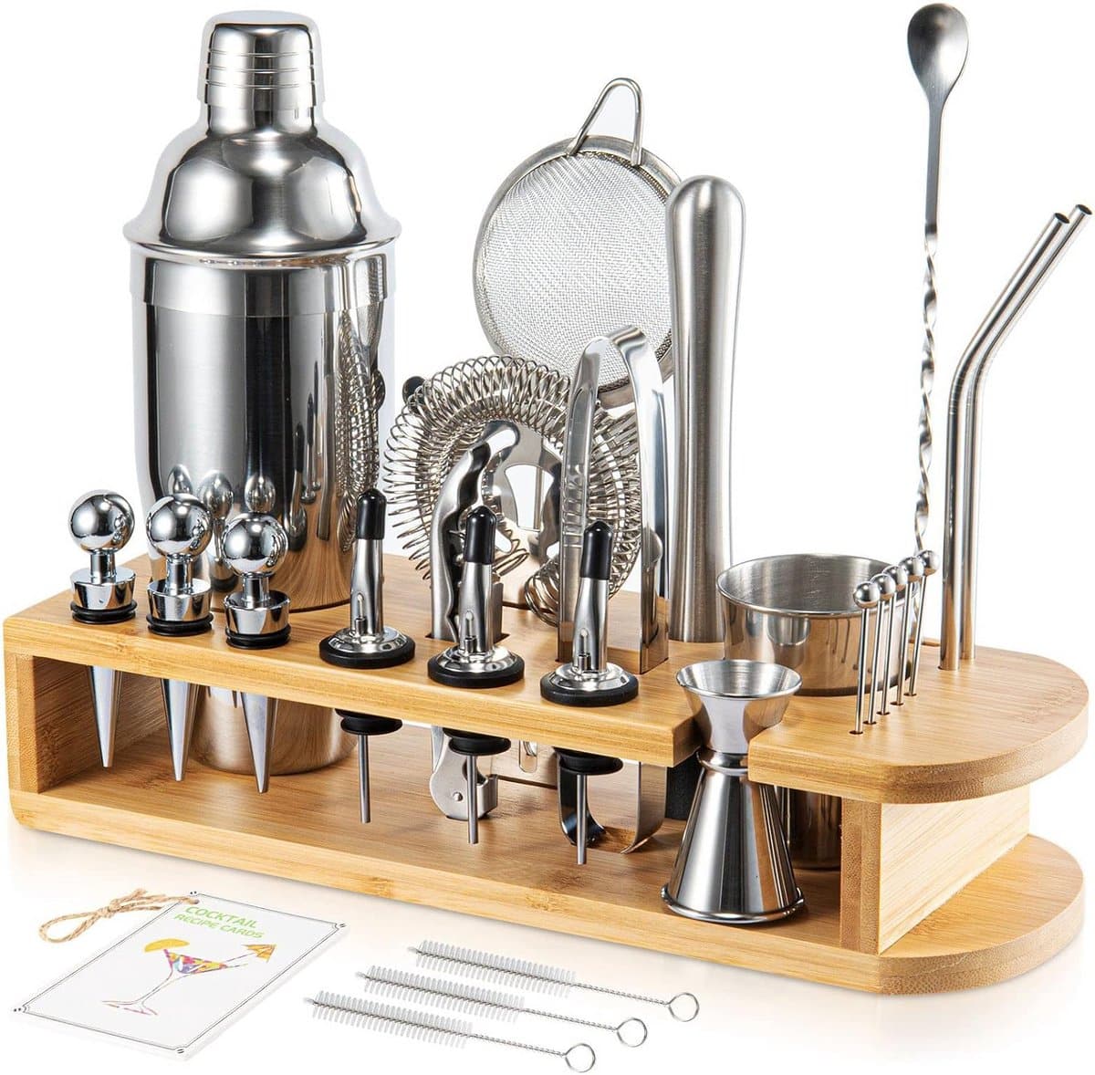 complete cocktailshaker set met bamboe standaard 26 delige barset voor