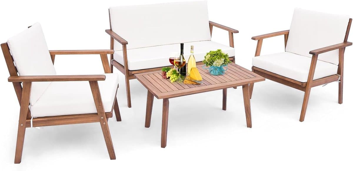 costway 4 delige tuinmeubelset, balkonmeubels van acaciahout, terrasmeubels met zit