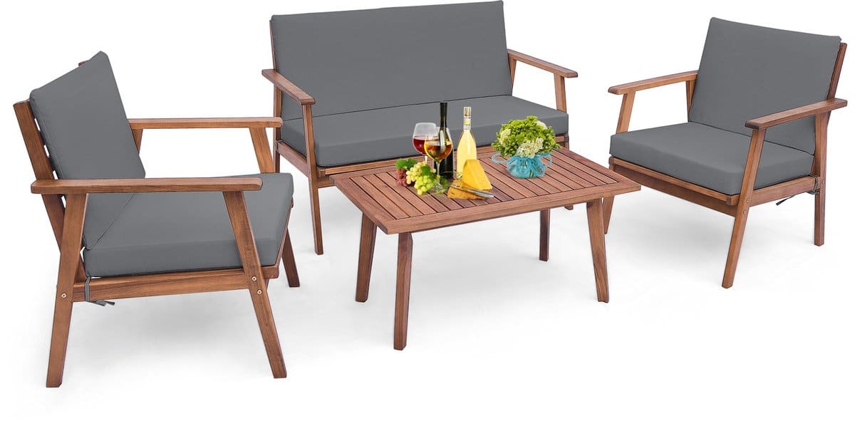 costway 4 delige tuinmeubelset, balkonmeubels van acaciahout, terrasmeubels met zit