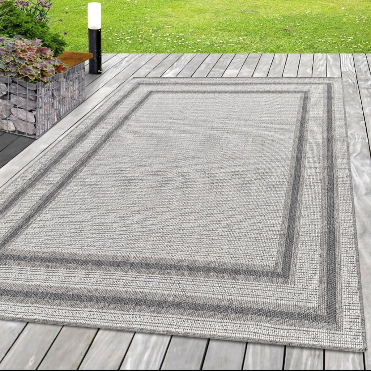 crèmekleurig buitenkleed van sisal, uv bestendig, modern design. 200×290 cm