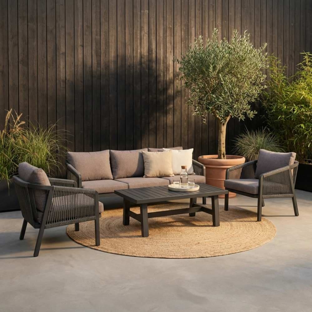 detroit stoel bank loungeset 5 personen | aluminium + touw | antraciet | 4 delig