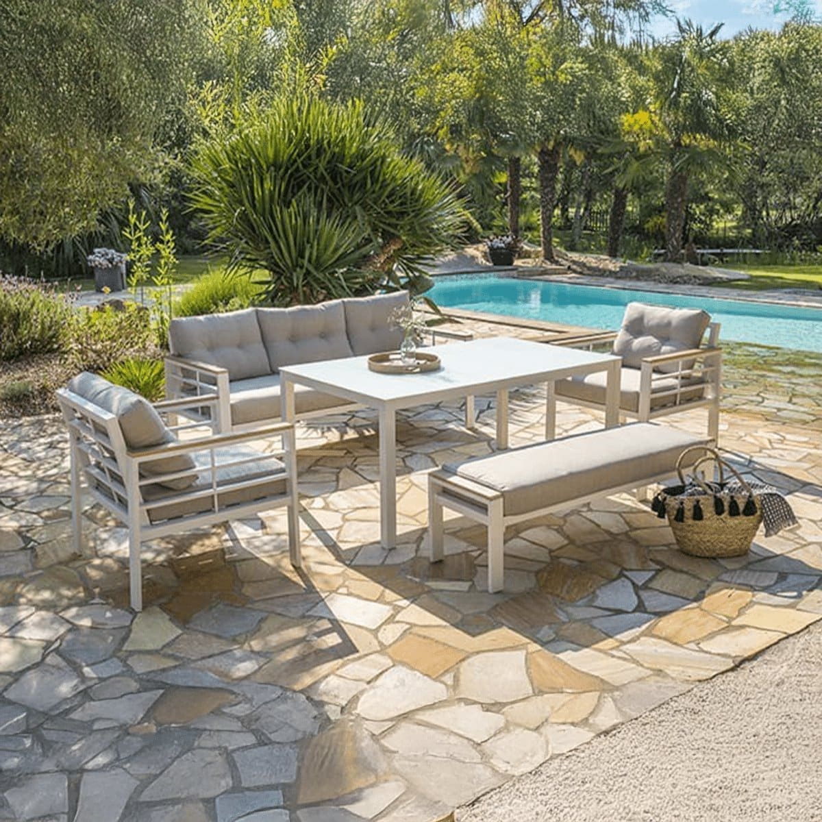 diningset blakes 7 persoons tuinset wit aluminium/hout 06260w