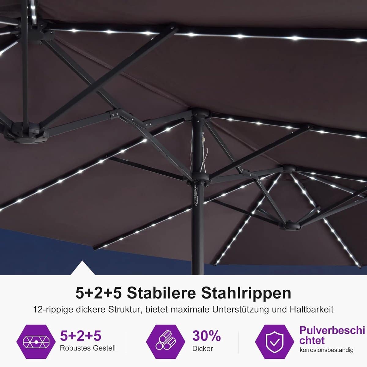 dubbele parasol xxl 400×200 cm met led verlichting en zonnepaneel