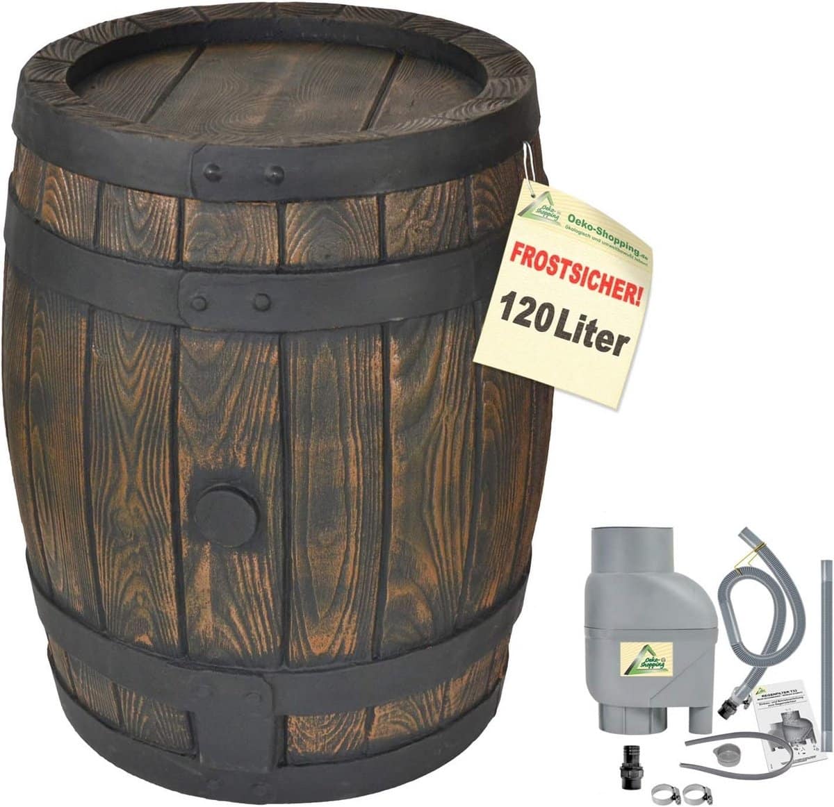 duurzame regenton 120 liter in houtlook inclusief vul en afvoerset