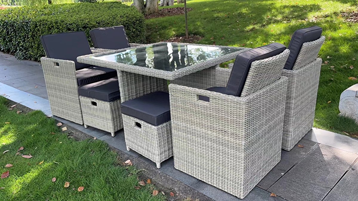 elegante diningset 9 delig lichtgrijs wicker