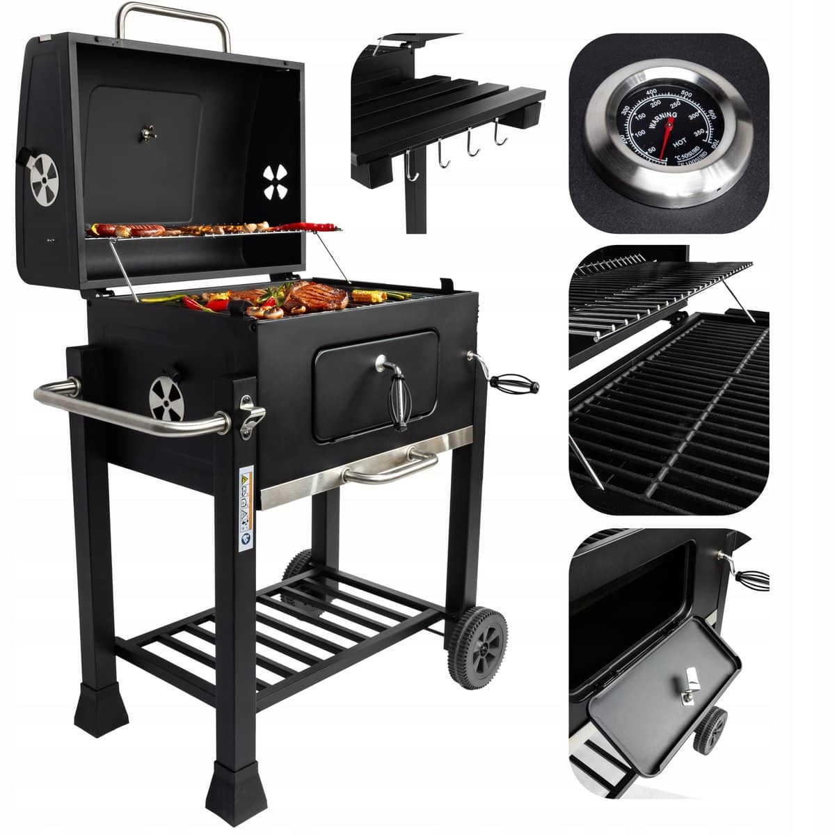 grote gietijzeren houtskool bbq met deksel & thermometer