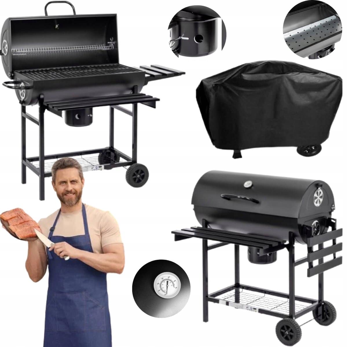 grote houtskool bbq “vat” 70x35cm met deksel & thermometer