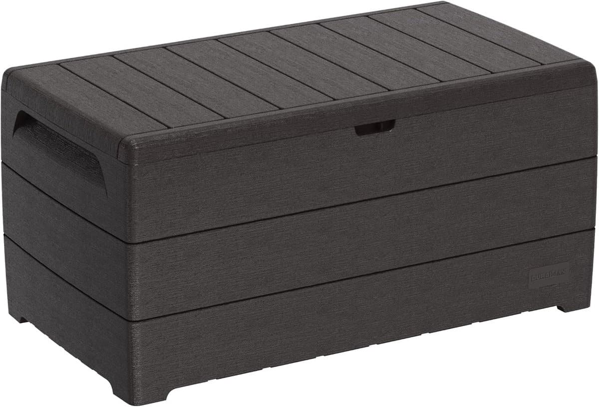 grote kunststof opbergbox 416l tuinkist met houtnerf en gasveer