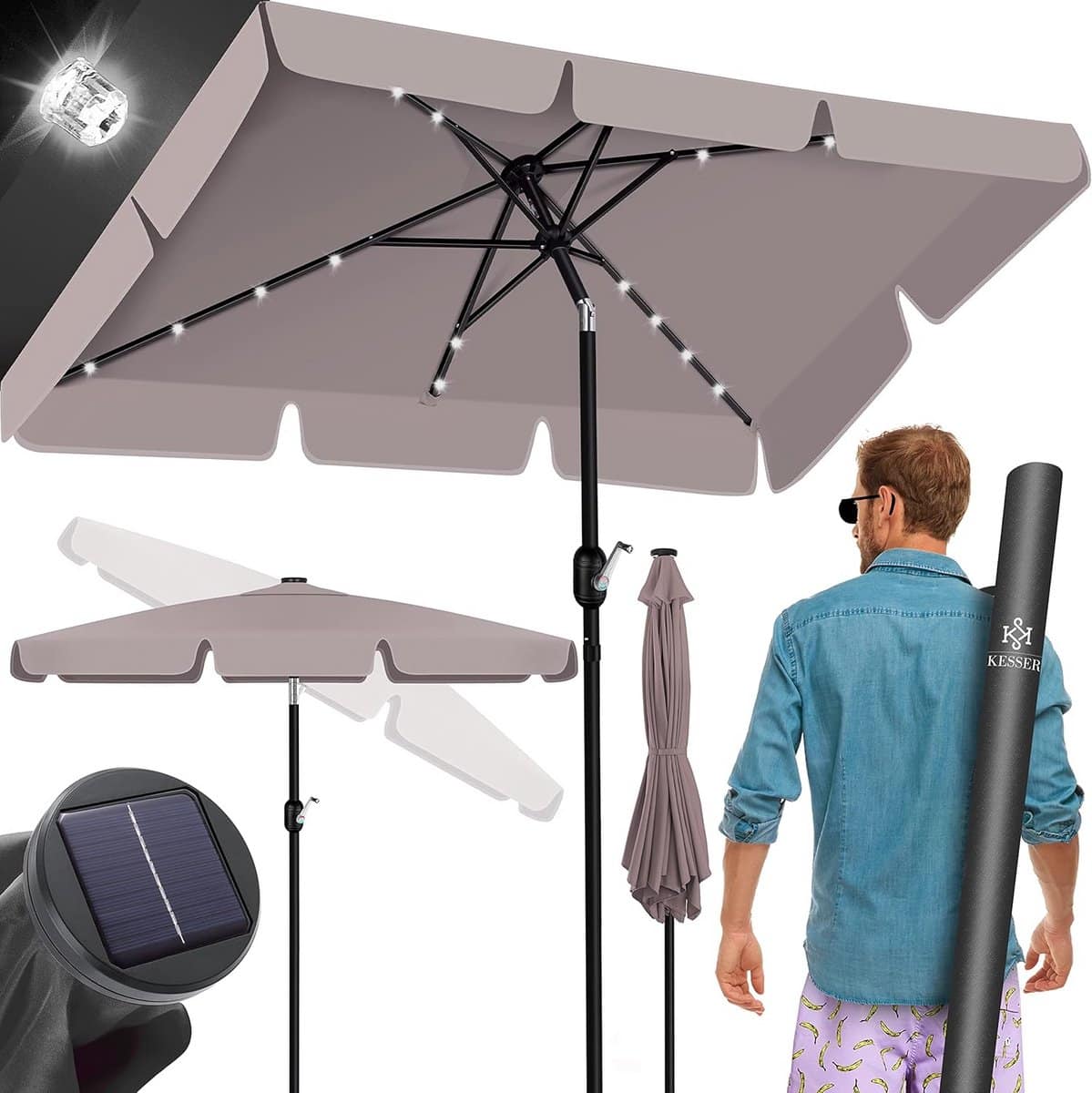 grote stokparasol met led verlichting, zwengel en knikfunctie voor tuin