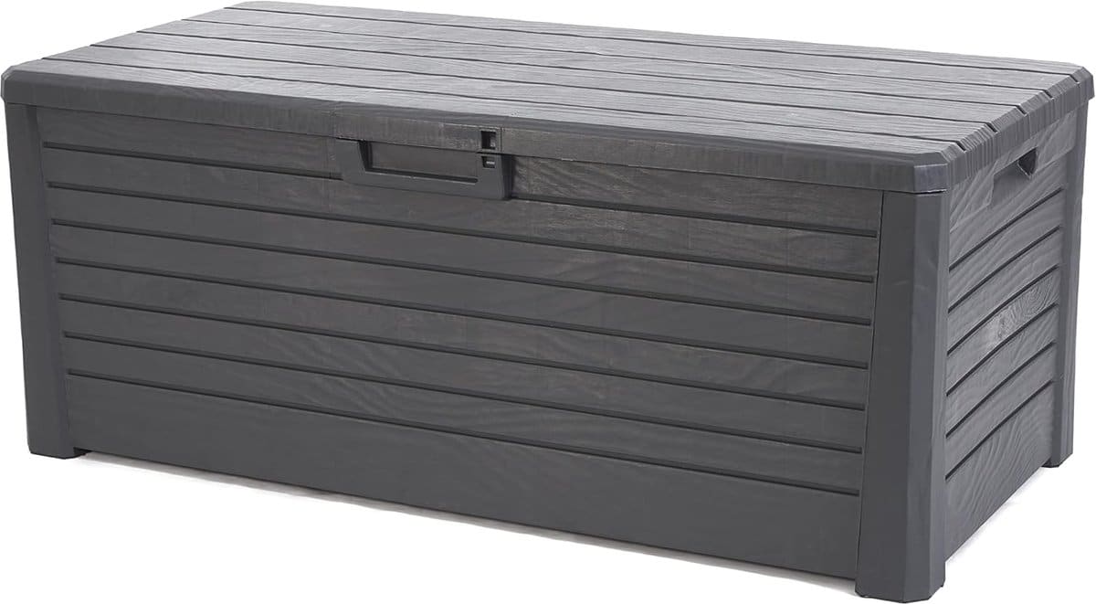 grote tuinkist antraciet opbergbox buiten met zitfunctie 148x72x60