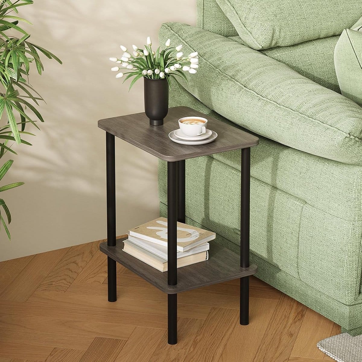 houten bijzettafel 2 niveaus smal met opbergruimte 40x30x52 cm