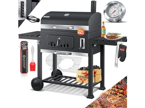 Houtskool barbecue grill trolley XXL met deksel en thermometer