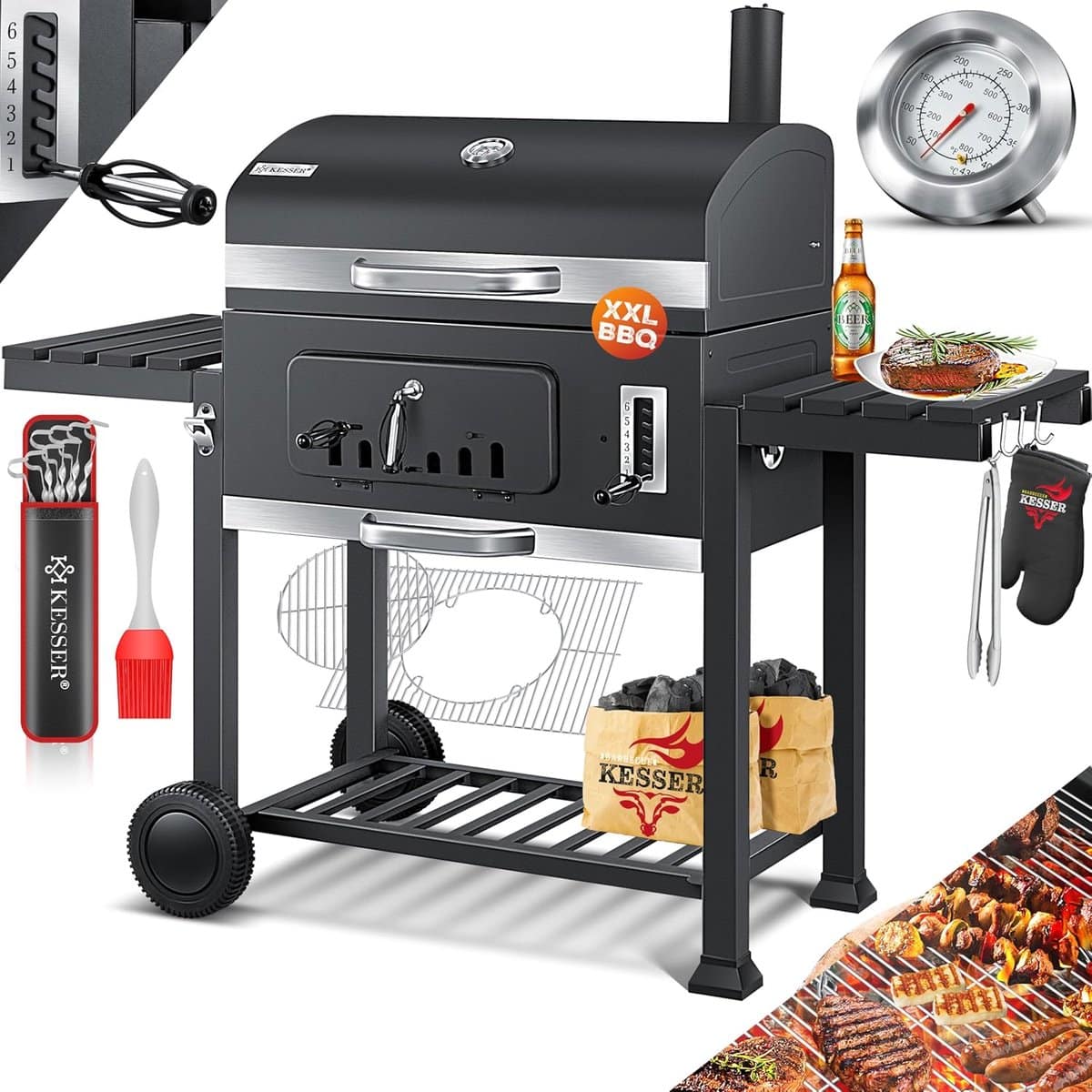houtskool barbecue grill trolley xxl met deksel en thermometer
