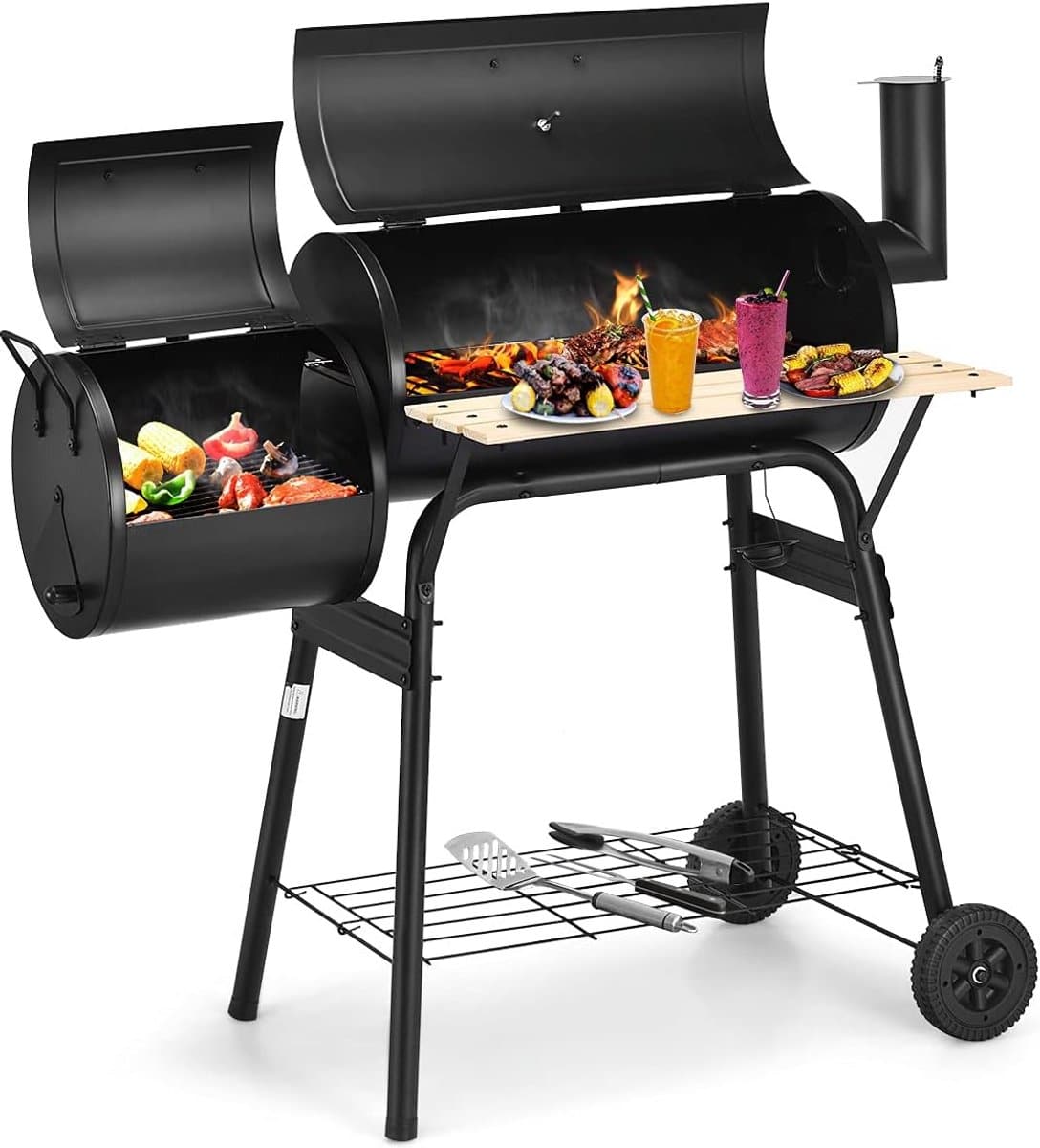 houtskool barbecue op wielen met deksel, thermometer en zijtafel