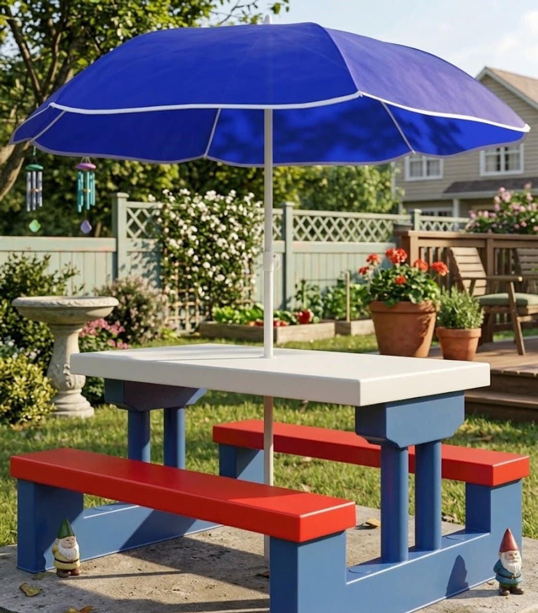kindertuinset, kindertafel met parasol, uv bescherming, picknickset, tafel en banken