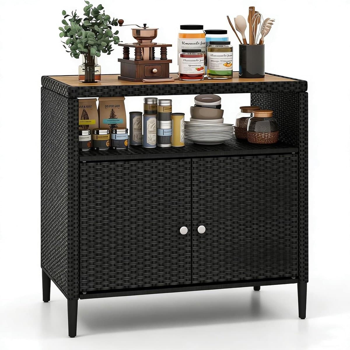 komfotteu terreza tuinkast van polyrattan, sideboard met werkblad van acaciahout