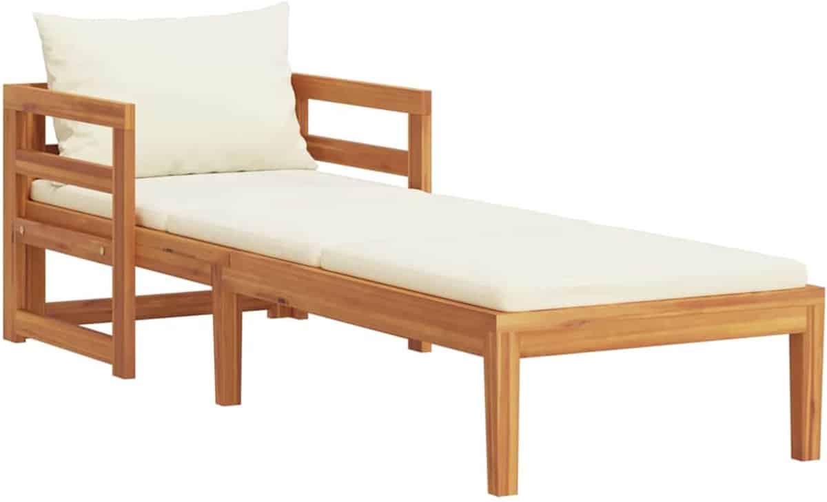 ligbed | loungebed | ligstoel met crèmekleurige kussens massief acaciahout