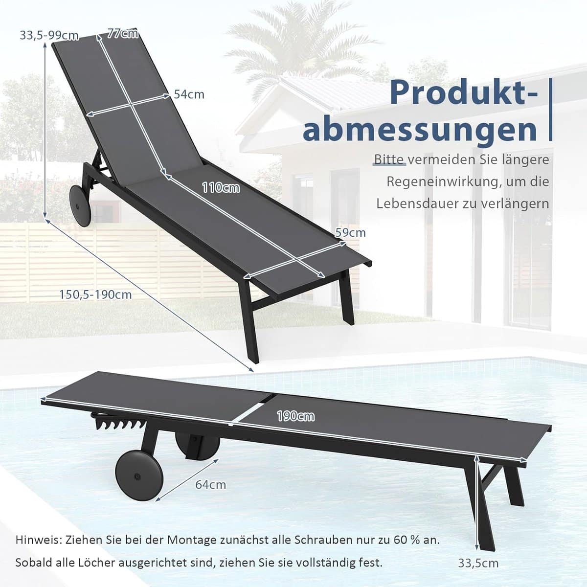 ligbed set van 2 tuinligbedden met wielen en verstelbare rugleuning