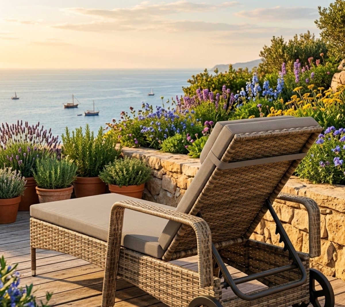 ligstoel 200x70x33 cm poly rotan met wielen en kussens