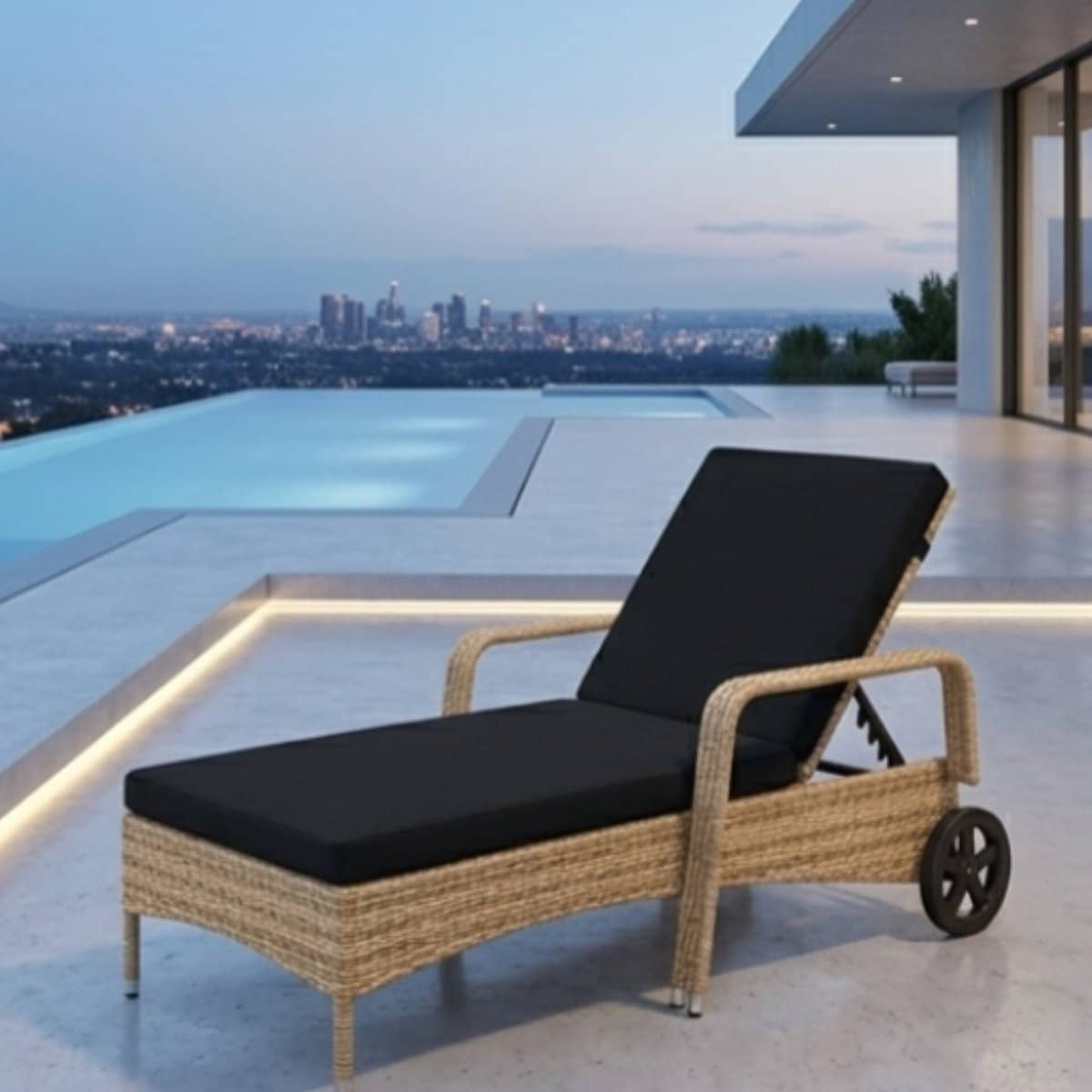 ligstoel 200x70x33 cm poly rotan met wielen en kussens