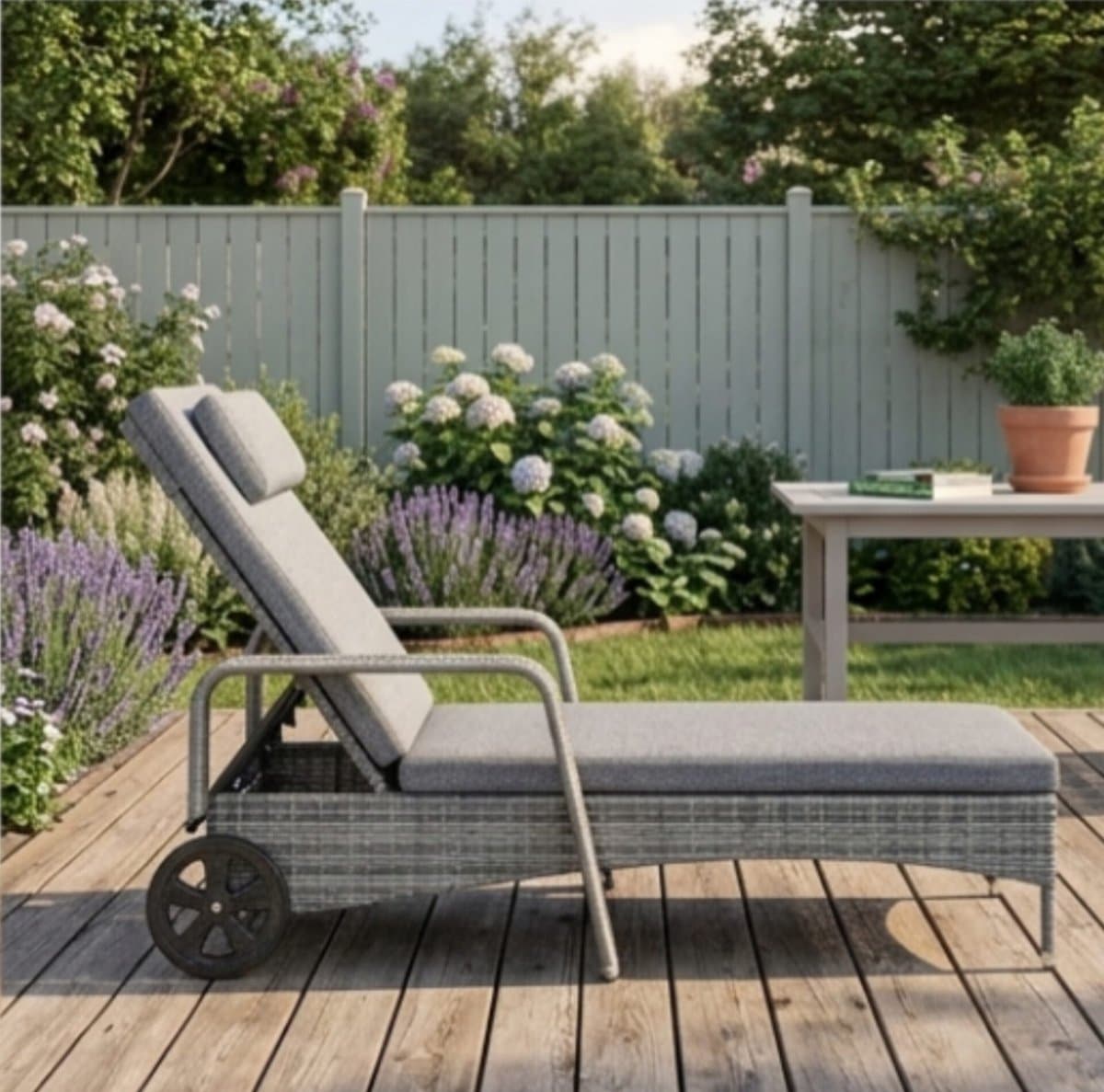 ligstoel 200x70x33 cm poly rotan met wielen en kussens