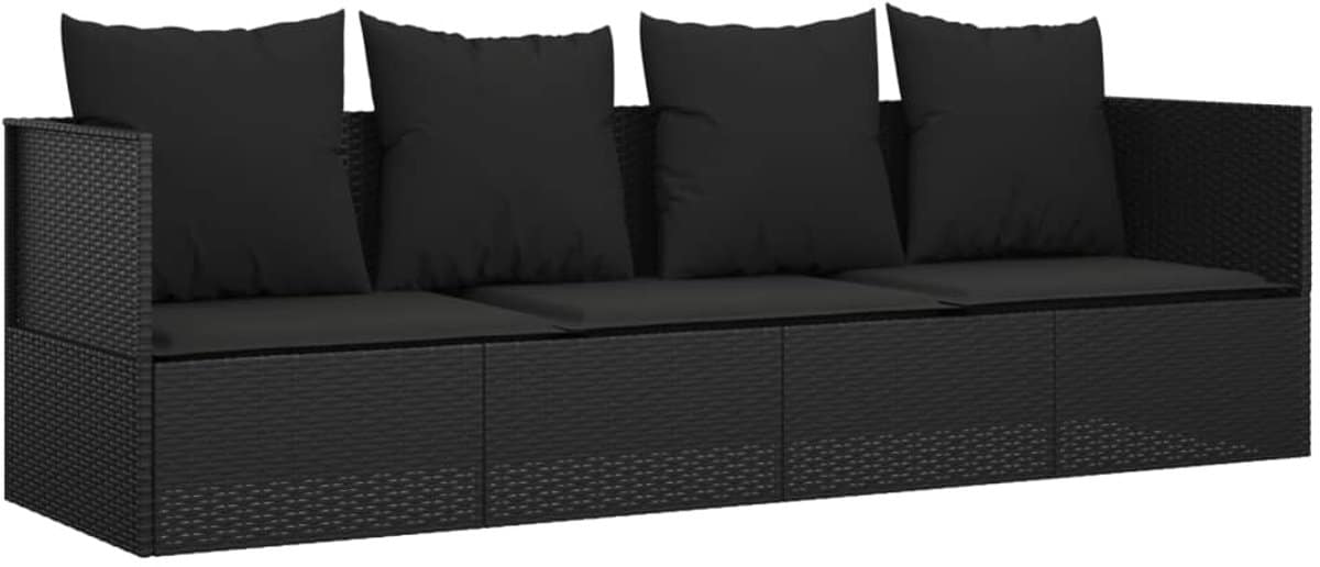 loungebed met 5 kussens zwart poly rattan verstelbaar