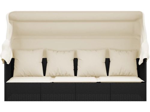 Loungebed met Inklapbare Luifel - Zwart Poly Rattan - Verstelbaar
