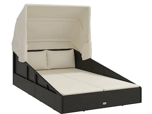 Lounger met uitschuifbaar dak 200x114x128cm poly rattan zwart