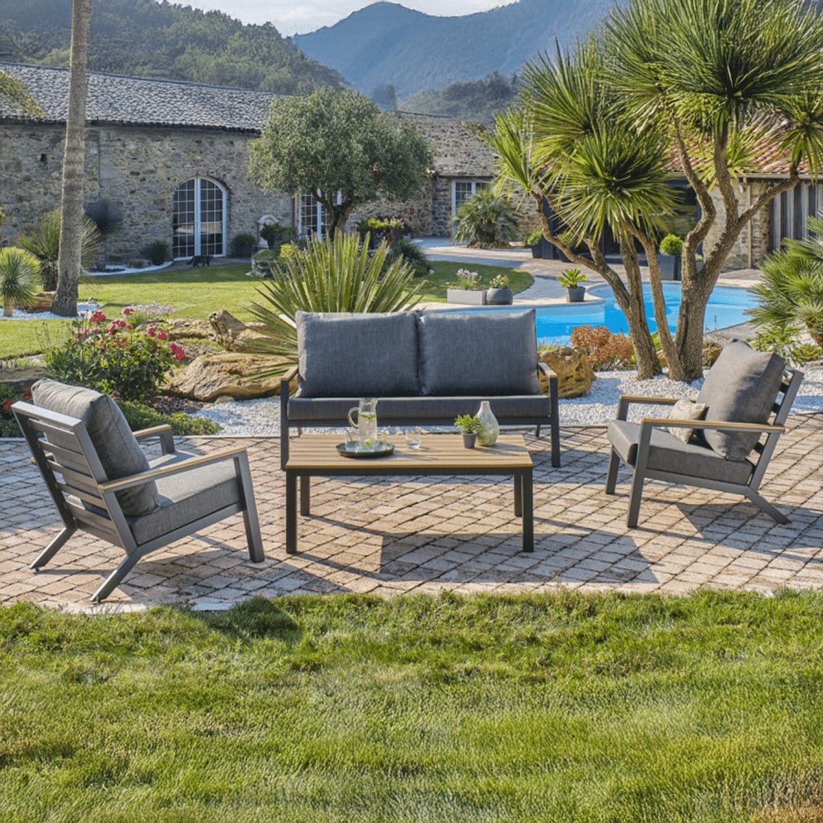 loungeset donnan antraciet 5 persoons tuinset stoel bank aluminium/hout 19370