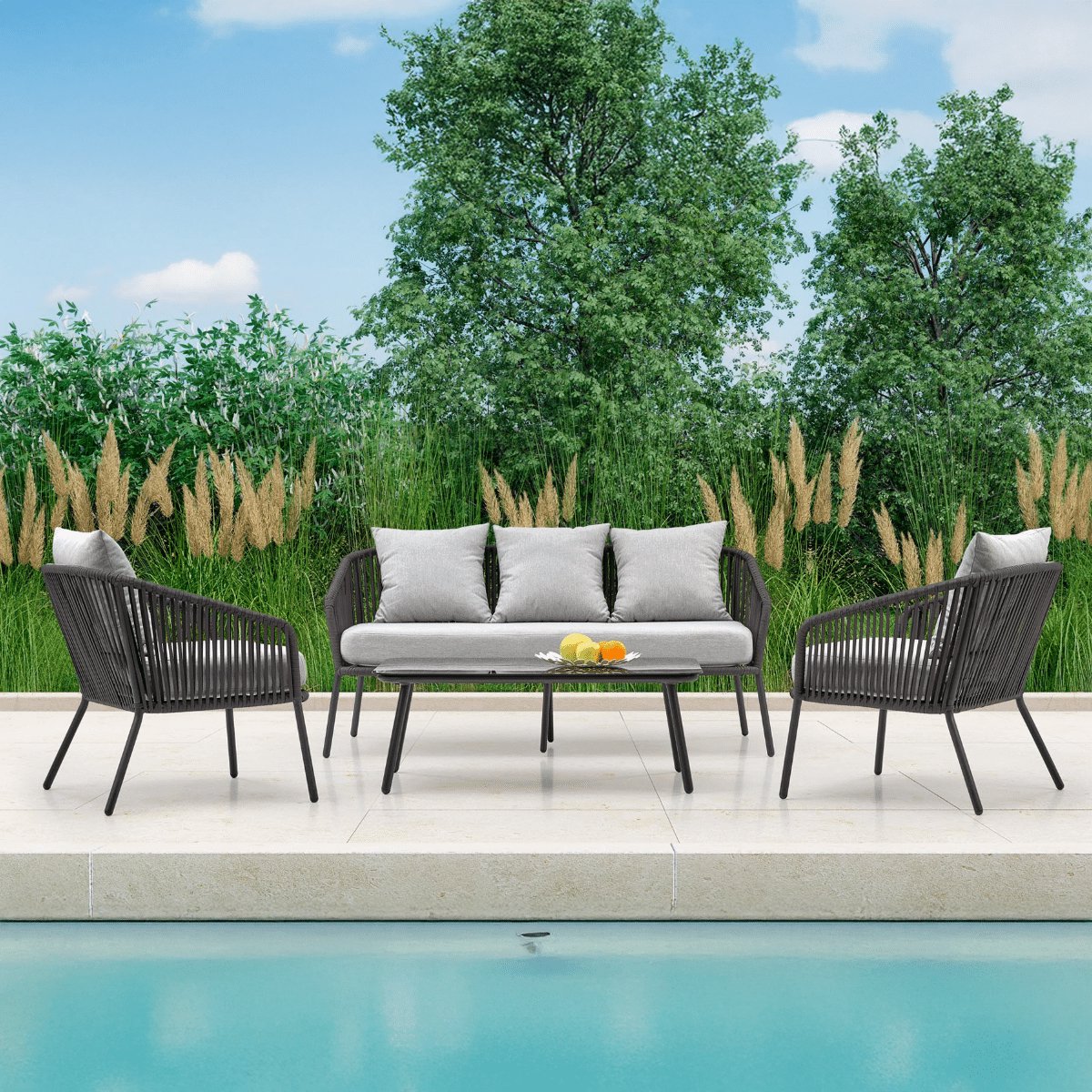 loungeset rocca zwart/grijs stoel bank tuinset inclusief kussens