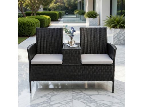 Luxe 2-persoons Polyrotan Balkonset met Geïntegreerde Tafel en Grijze Kussens
