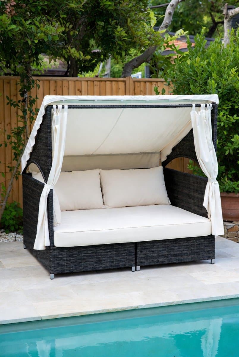 luxe 2 persoons rotan zonnebed met dak en gordijnen